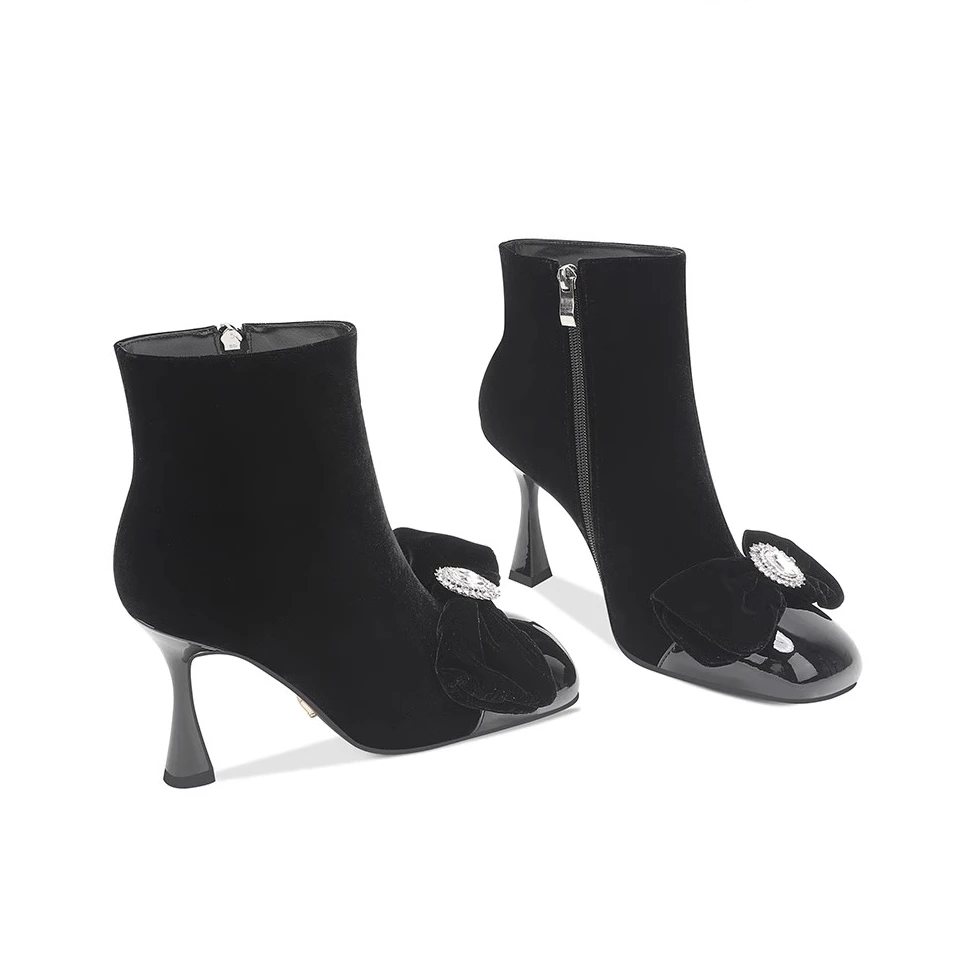 【手工女鞋】黑色方头短靴2024年冬季新款时尚细跟靴子短靴女高跟