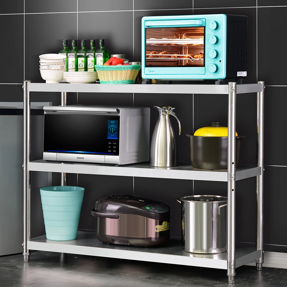 不锈钢厨房置物架落地三层微波炉烤箱放锅架子灶台多层收纳储物架