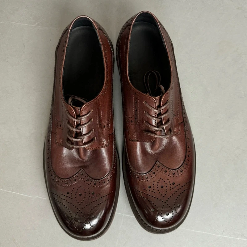 英伦风布洛克棕色雕花男鞋复古擦色马皮透气男鞋系带真皮休闲皮鞋
