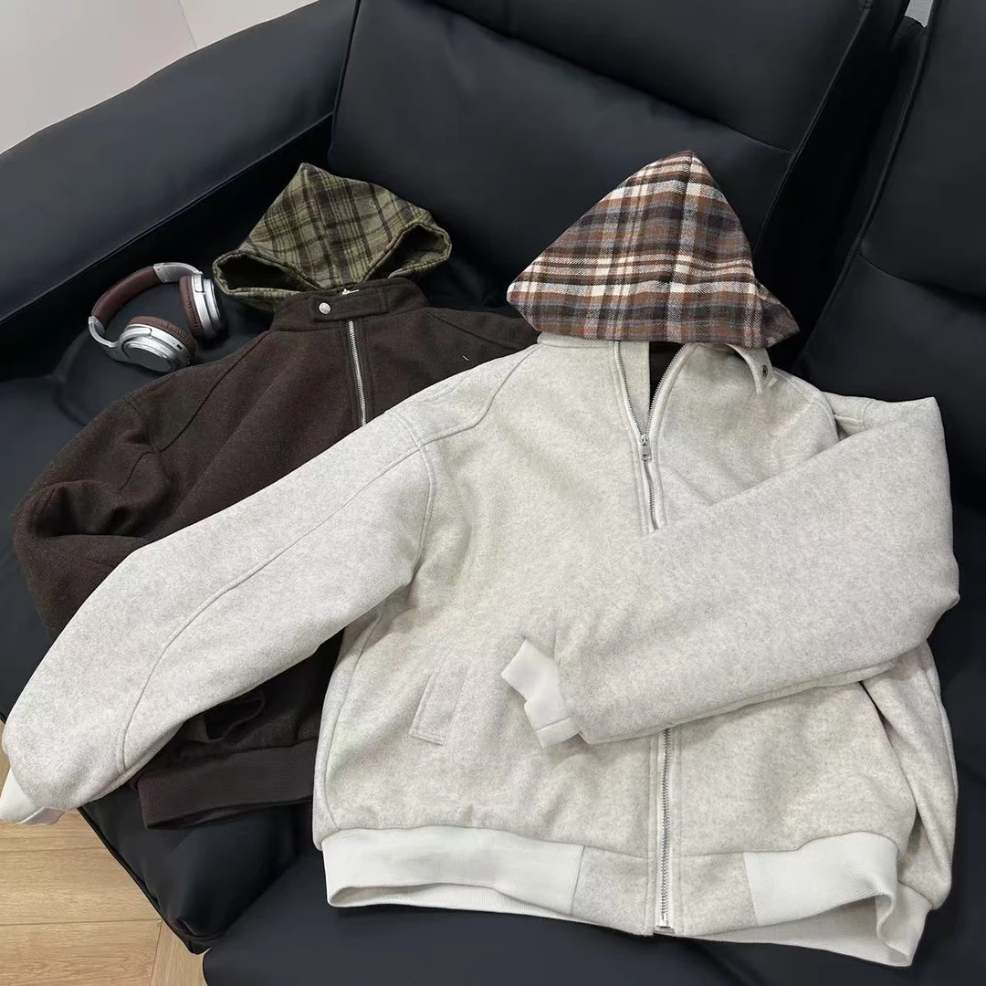 【金果子】冬季复古格子连帽可拆卸帽子加厚夹棉毛呢外套同款683