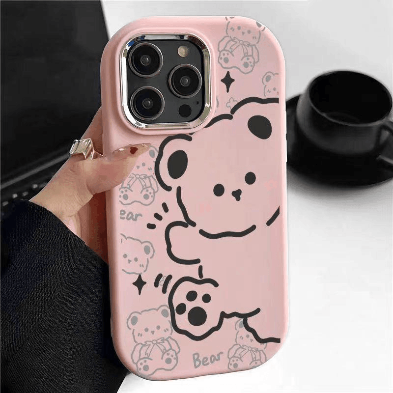 线条小熊苹果14promax椭圆肤感手机壳iPhone15/13/12/11轻奢xs/xr