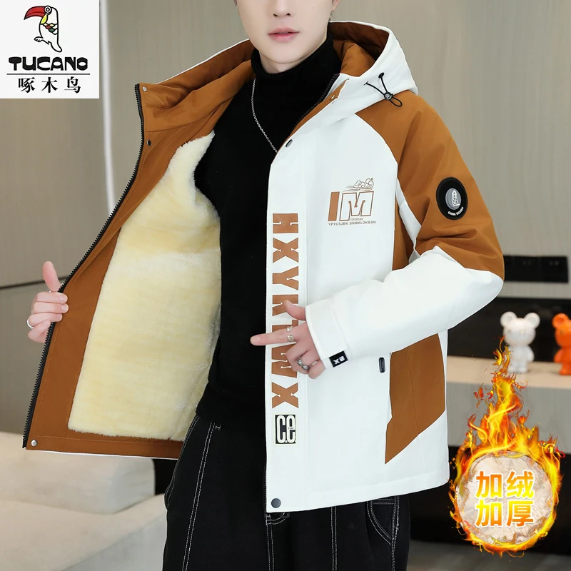 啄木鸟加绒加厚外套男款2025秋冬季休闲百搭连帽夹克宽松保暖棉衣