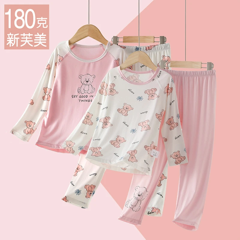 YC春夏莫代尔睡衣套装卡通薄款女孩中大童两件套女童空调家居服