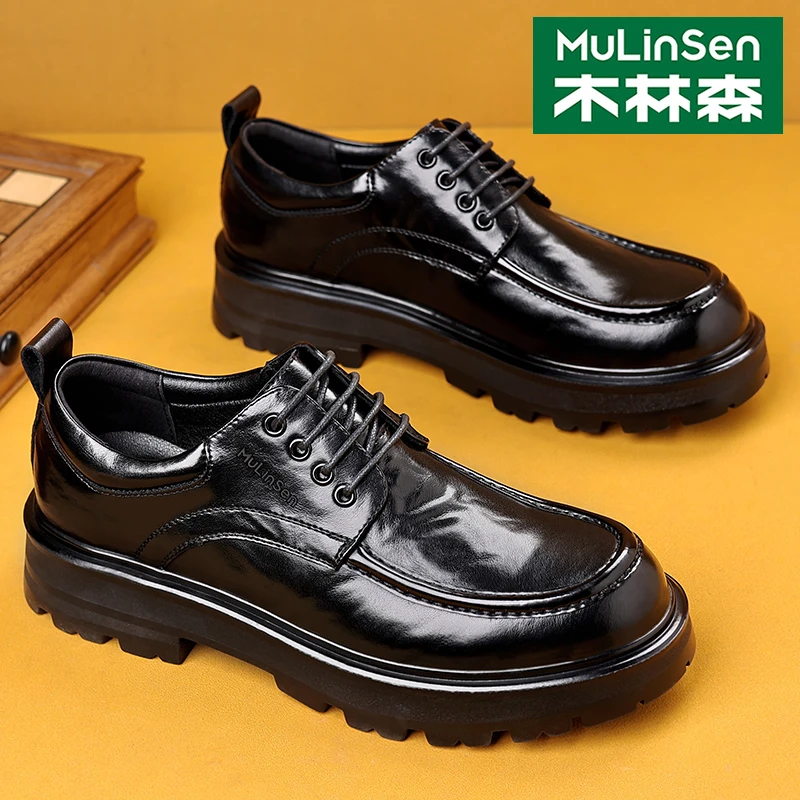 木林森皮鞋男士厚底增高大头软底商务百搭黑色潮流时尚马丁男鞋