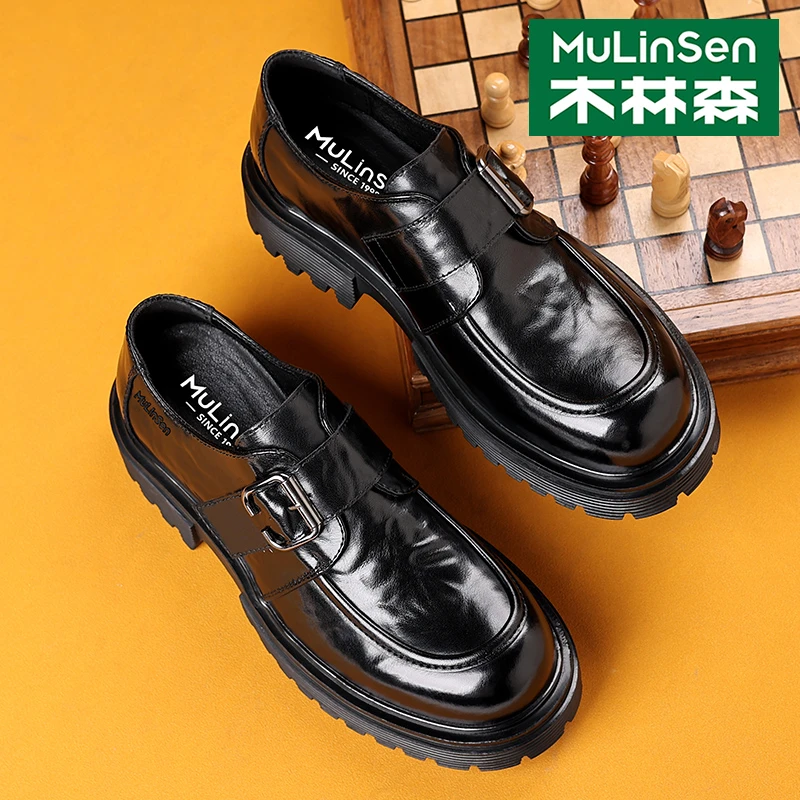 木林森皮鞋男士一脚蹬黑色休闲乐福秋季百搭商务正装厚底增高男鞋