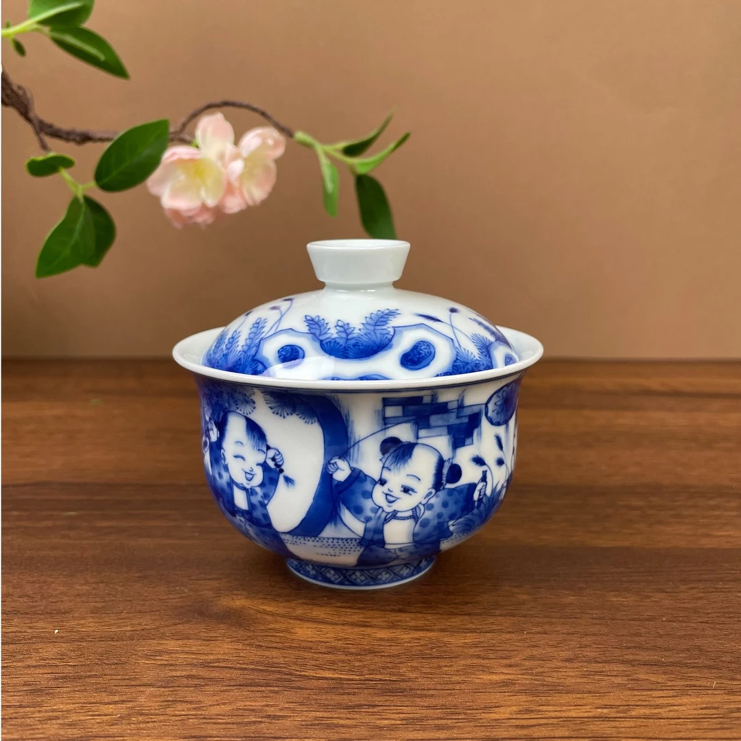 【九茗柴窑】童子人物福袋两才盖碗 手工手绘景德镇茶具容量150毫升