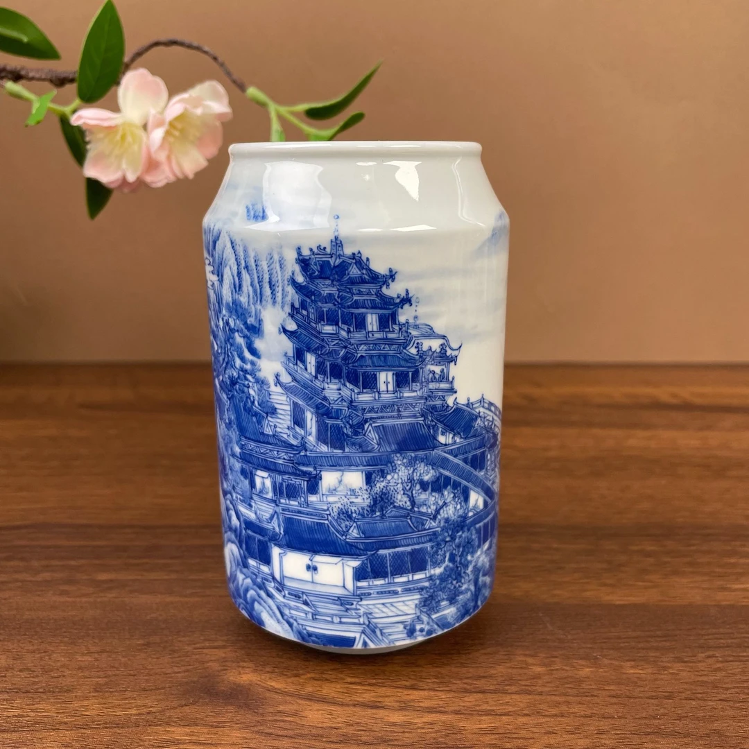 【九茗珍藏】重工亭台楼阁可乐杯 手工手绘景德镇茶具容量280