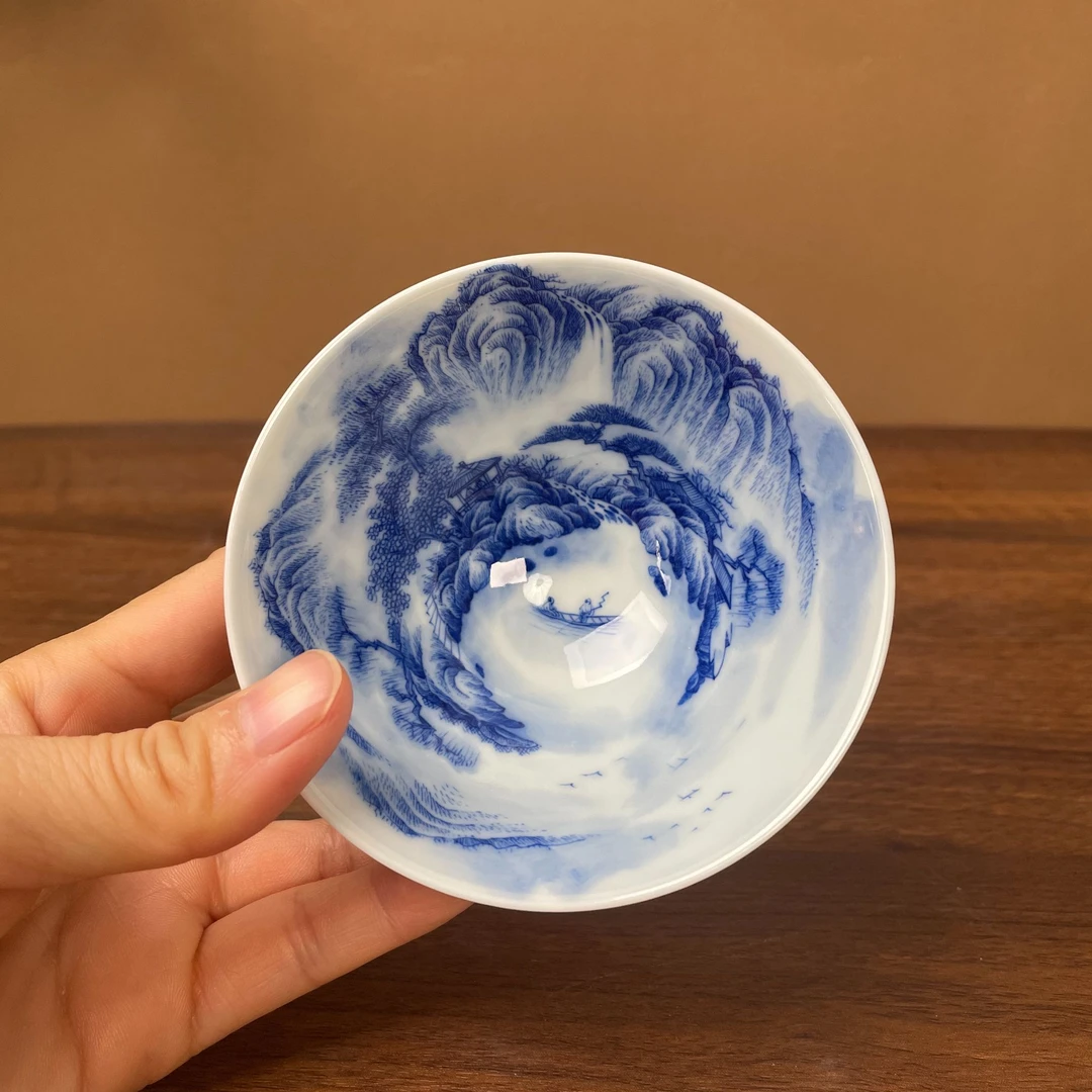【九茗柴窑】蔡琴山水斗笠杯手工手绘景德镇茶具 容量80毫升