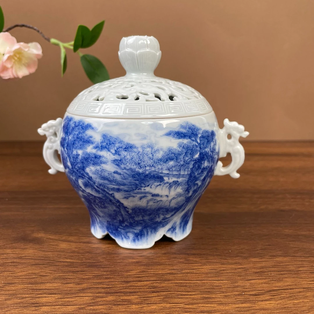 【九茗珍藏】欧阳娇重工山水香炉手工手绘景德镇茶具