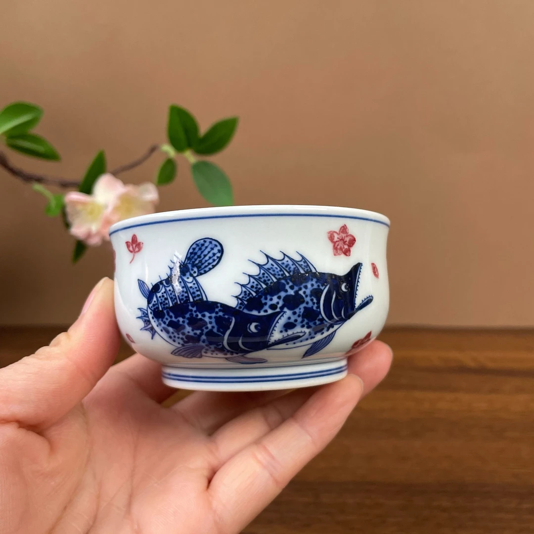 【望月御品】精工鱼藻釉里红炉式杯手工手绘景德镇茶具容量100毫升