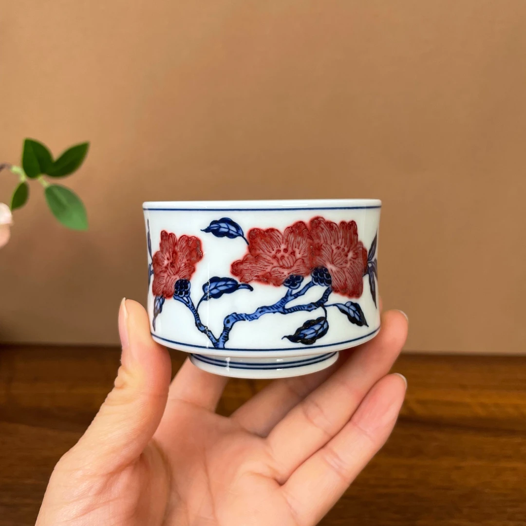 【望月御品】花卉釉里红马蹄杯手工手绘 景德镇茶具容量100毫升