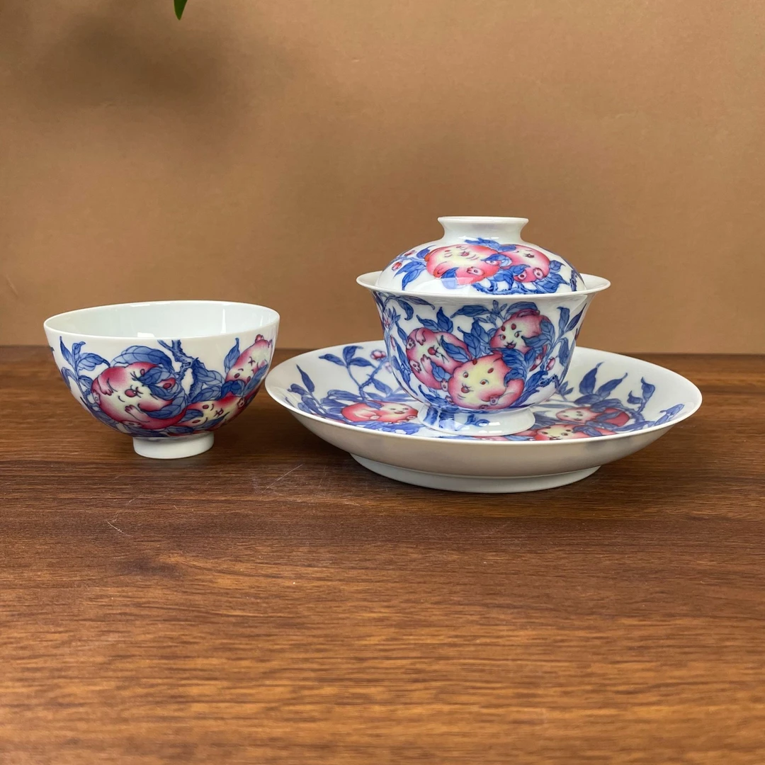 青花斗彩兔桃 主人杯 盖碗壶承手工手绘景德镇茶具杯子容量90毫升