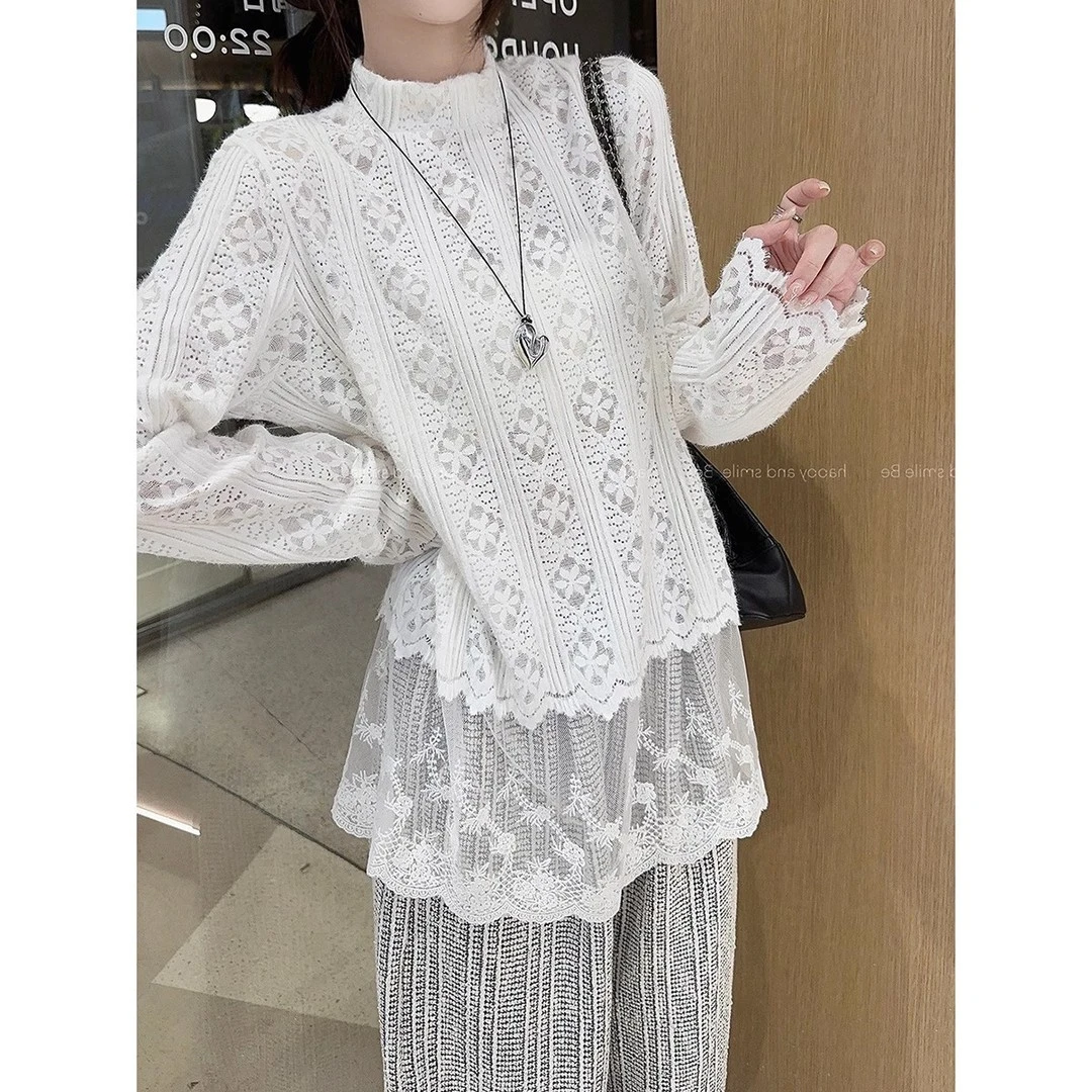 温柔风气质百搭半高领蕾丝衫女2024秋季新款中长款宽松打底衫上衣
