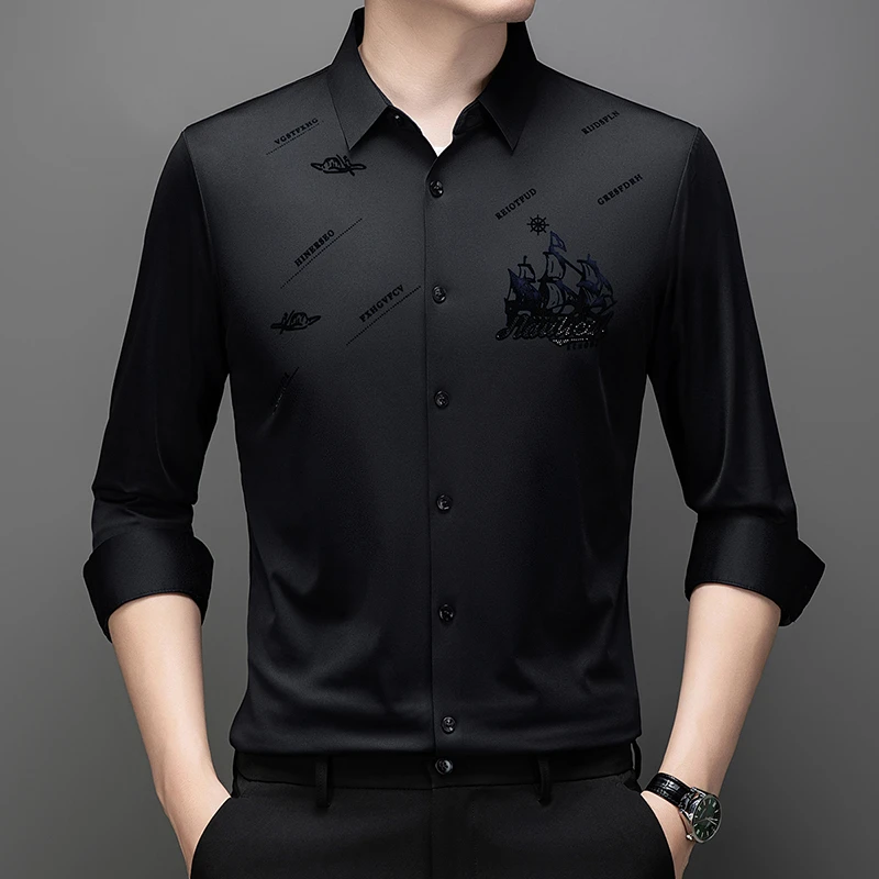 秋季新款高档男士衬衫商务无痕植绒工艺衬衣男打底无痕衬衫