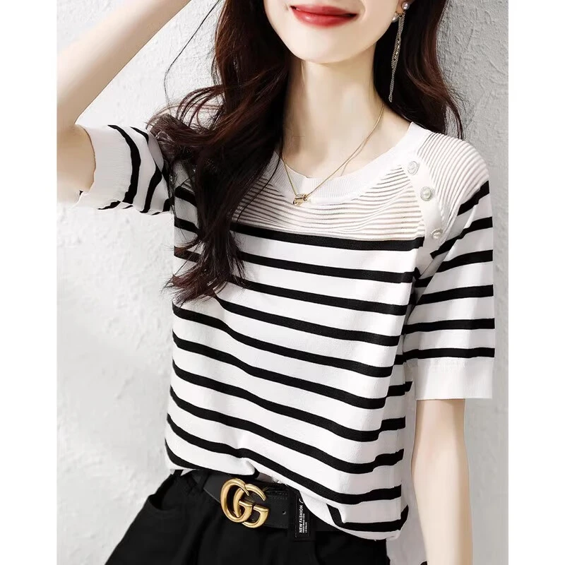 2024新款设计感小众条纹优雅显白短袖t恤女夏冰丝针织上衣