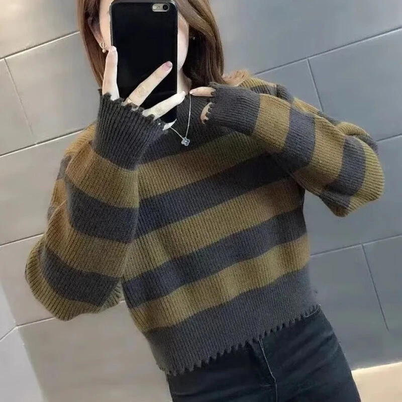 条纹短款小个子毛衣女2024年新款秋冬内搭洋气高腰针织小款打底衫