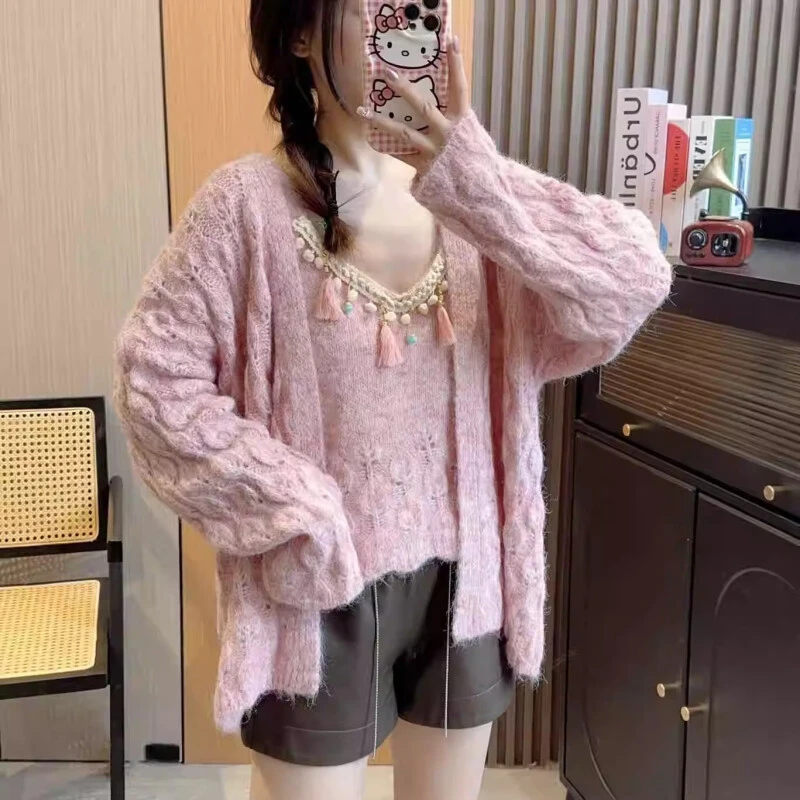 早秋新款两件套吊带针织衫开衫女2024时尚套装秋冬慵懒风毛