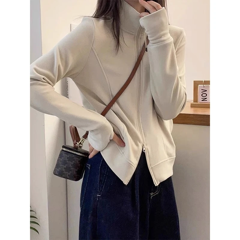 欧货双拉链德绒立领长袖打底衫女2024春秋季显瘦弹力简约开衫外套