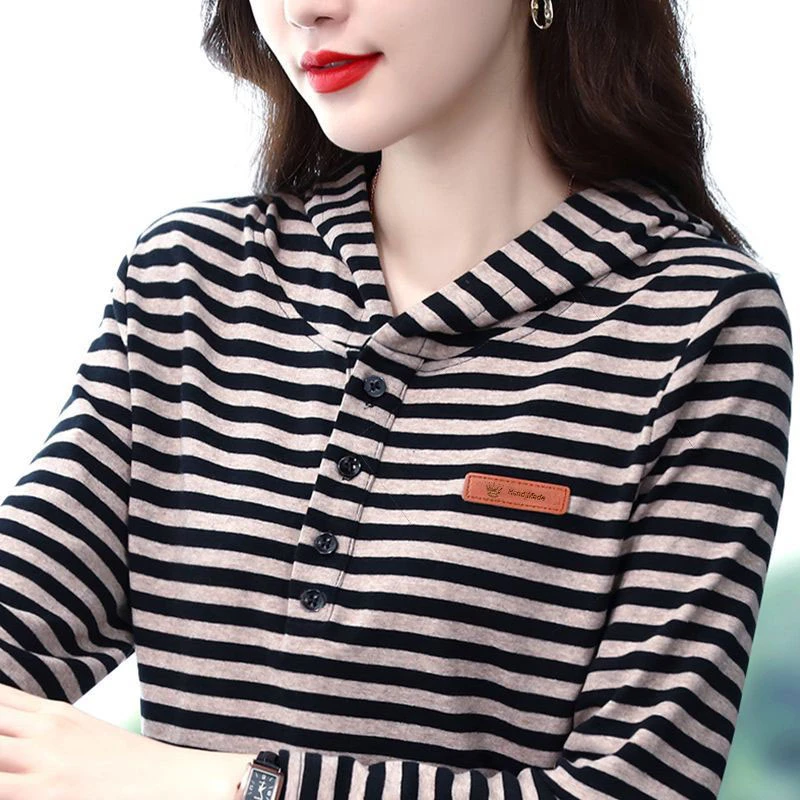 2025弹力条纹连帽女春秋时尚韩版长袖T恤宽松显瘦透气打底衫上衣