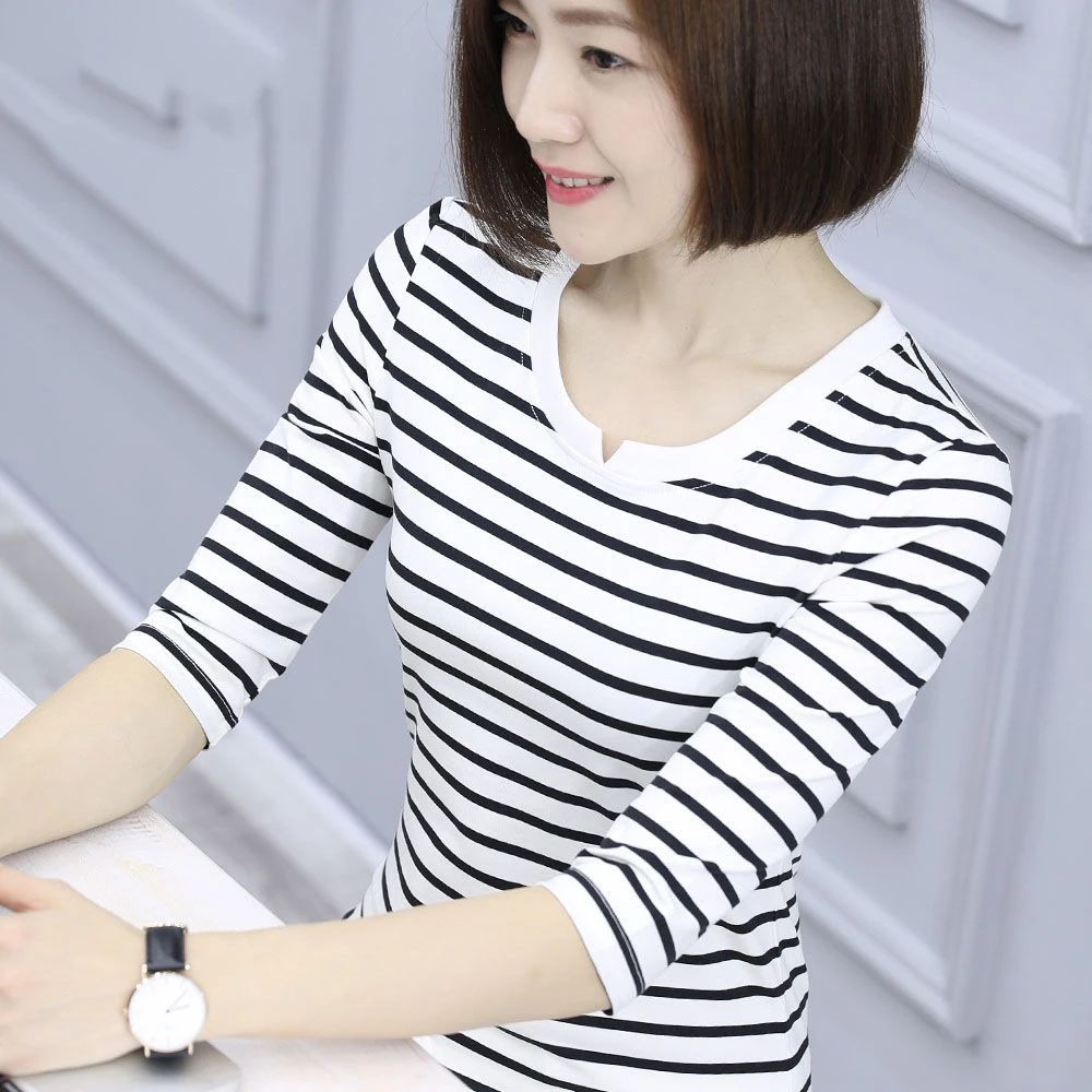 7分袖t恤女2025新款春夏季条纹中袖时尚显瘦减龄薄款上衣打底衫