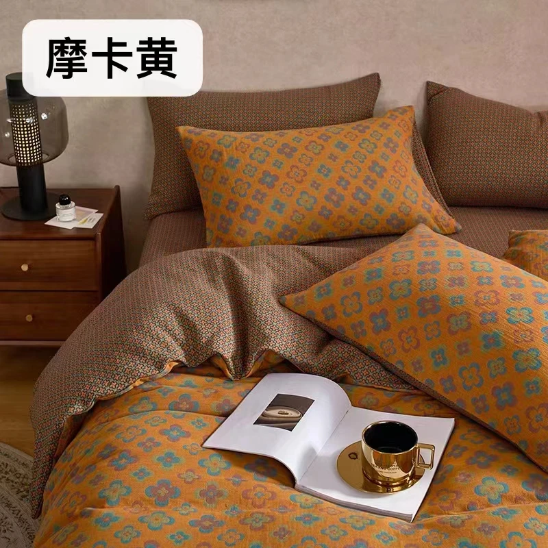 a类复古双层纱四件套纯棉提花纱布套件亲肤柔软透气床上用品轻奢