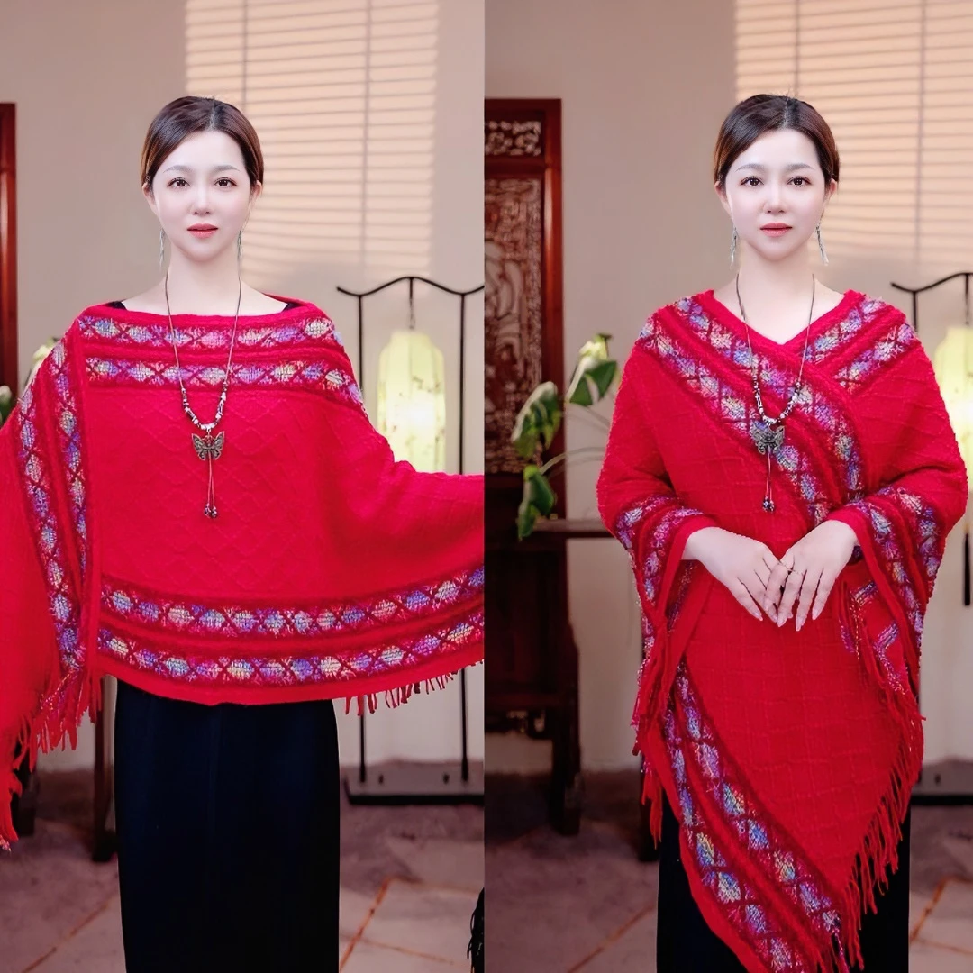 新款慵懒风v领流苏斗篷披肩民族风披肩