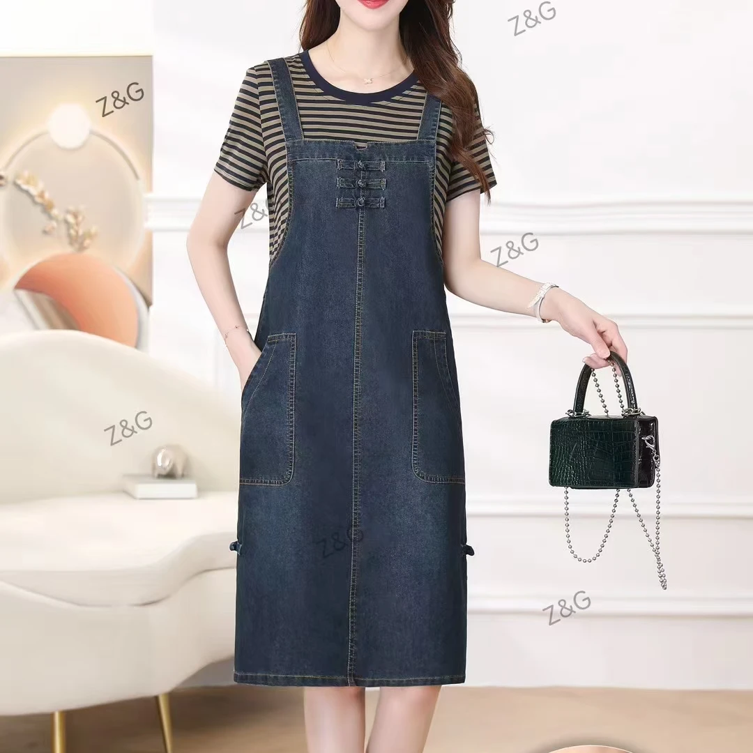 2025夏季薄款短袖假两件软牛仔连衣裙女新中式盘扣减龄显瘦背带裙