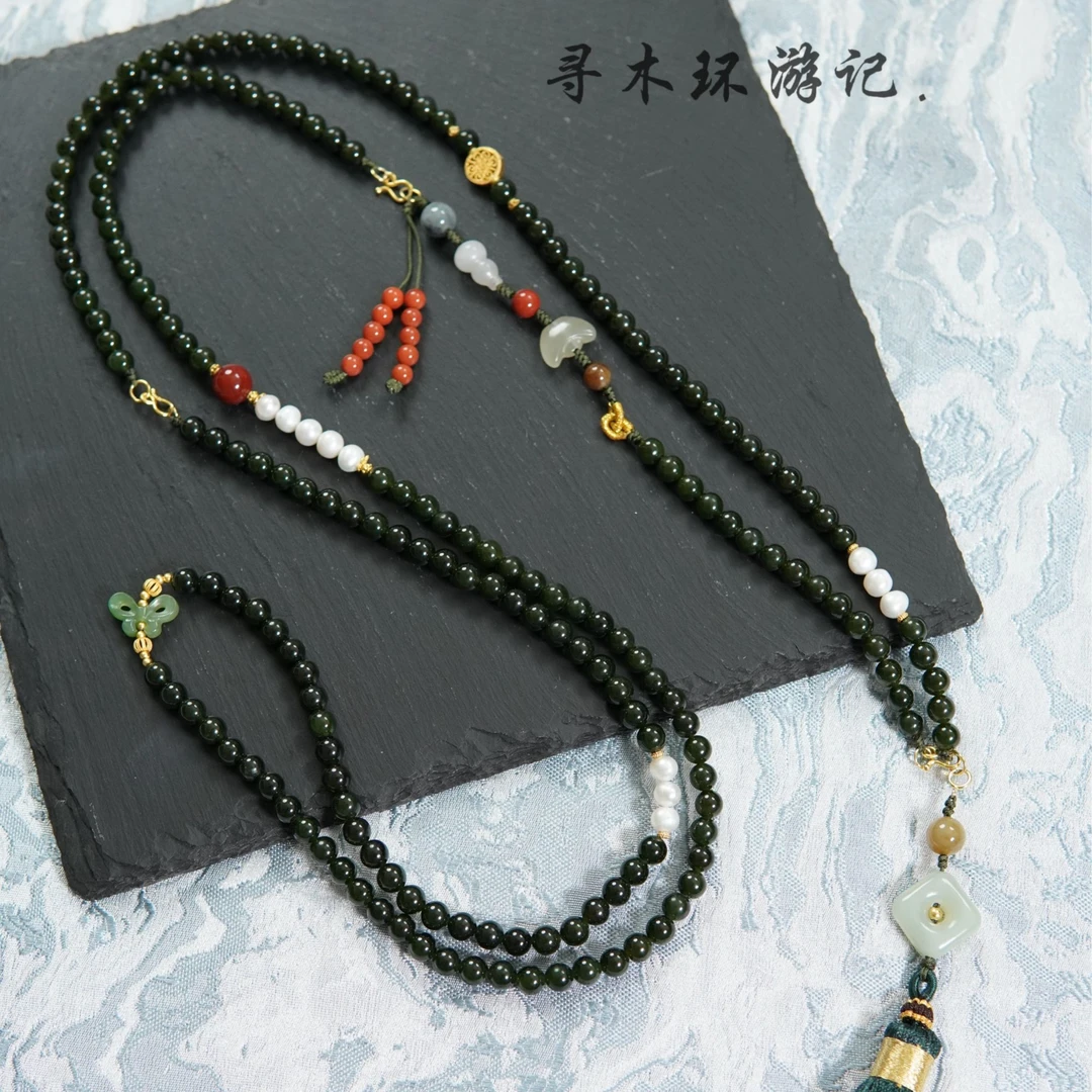 观沧海 天然和田玉碧玉6mm可拆卸斜挎项链多戴款+南红、珍珠、s925