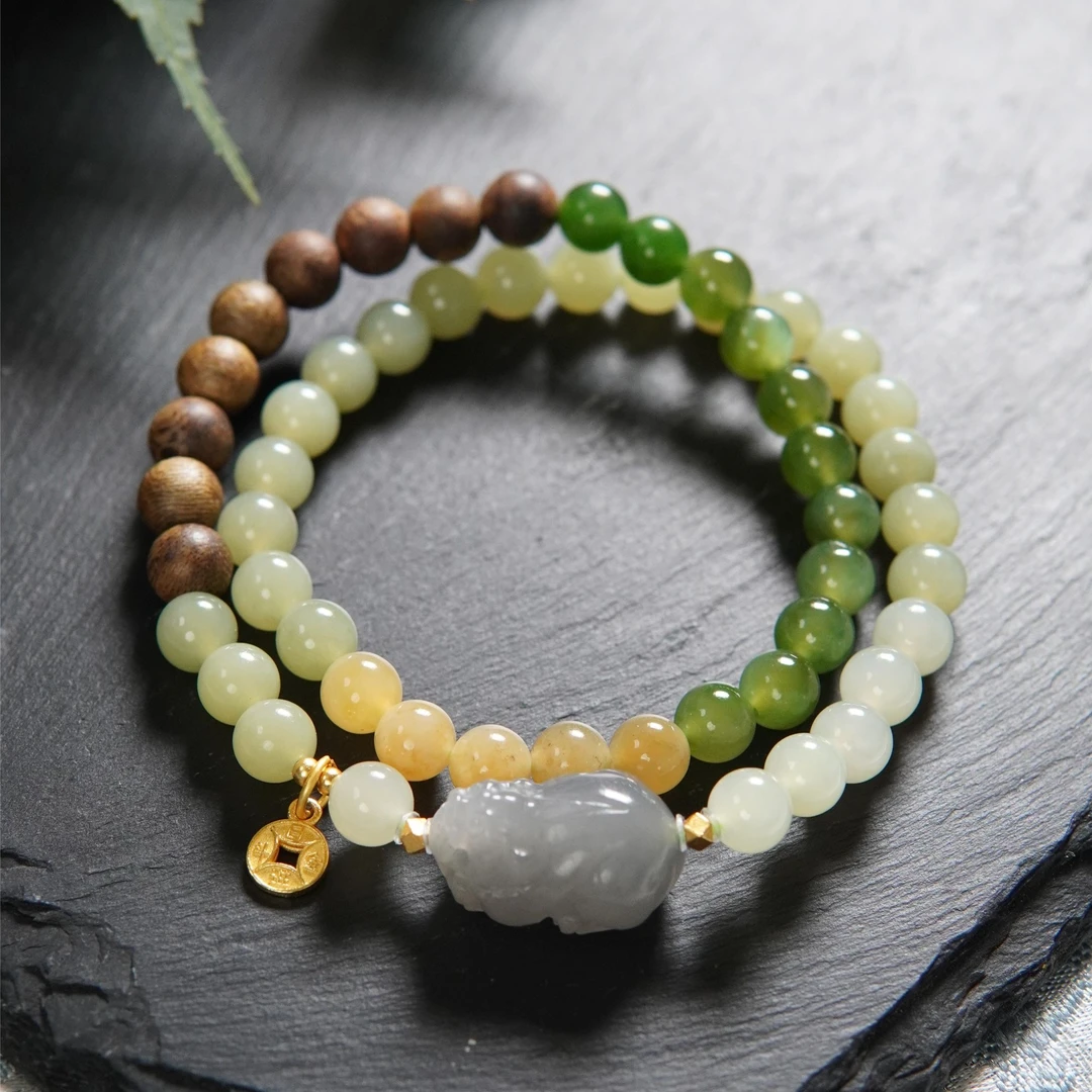 阿勒泰 天然海南莺歌绿棋楠沉香6mm圆珠雕刻貔貅双圈手串