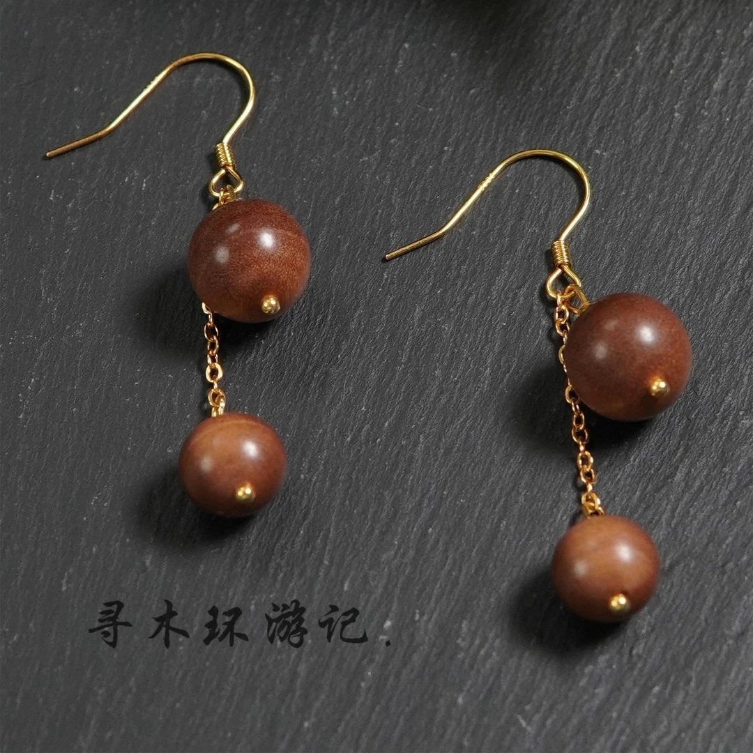 天然印度黑肉横纹老山檀10mm、8mm圆珠耳