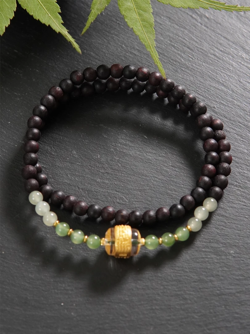 天然缅甸降真香4mm圆珠+和田玉4mm、白水晶镶嵌S925五条双圈手串