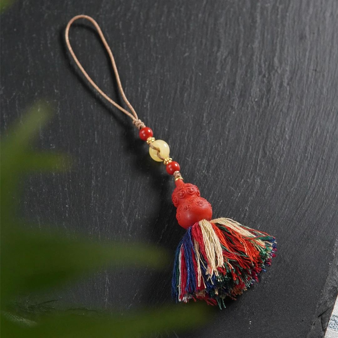 含辰砂工艺品天然朱砂雕刻如意葫芦12*19mm手工流苏手机挂件