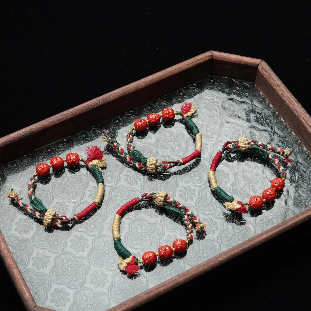 含辰砂工艺品天然朱砂雕刻十二生肖编绳手串