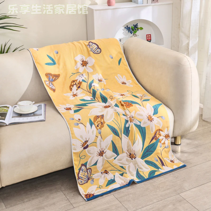 花开蝴蝶印花浴巾亲肤柔软六层纱80*160cm超大加厚吸水家用大号