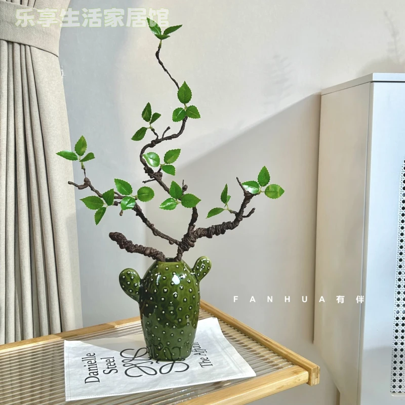 【乐享】发财叶陶瓷仙人掌外观仿真花家居装饰摆件玄关客厅电视柜