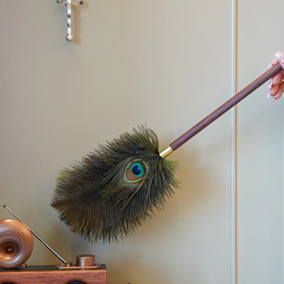 高档孔雀鸵鸟毛掸子家用灰尘清洁装饰摆件长柄除尘绿色扫灰