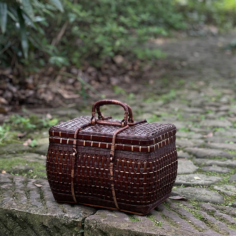 夏梦茶箱复古日式便携出行手提茶具收纳箱手工竹编茶人竹筐藤编包