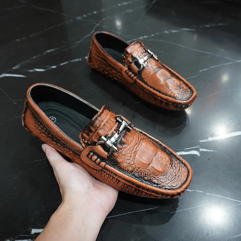 真皮豆豆鞋男时尚百搭黑色男士软底透气潮鞋商务鳄鱼纹休闲乐福鞋