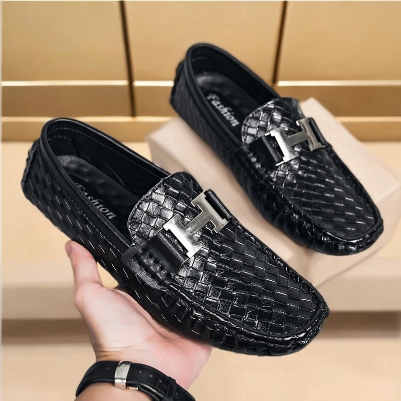 新款休闲懒人豆豆鞋男真皮百搭透气时尚驾车鞋男士软底鳄鱼纹潮鞋