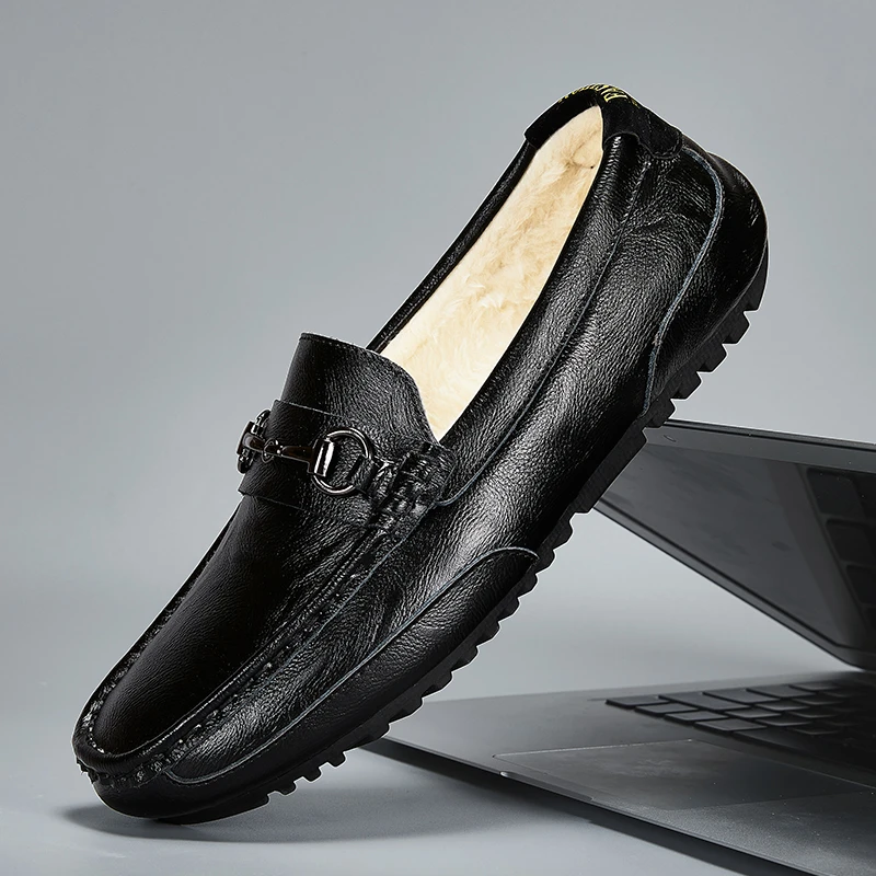 唐戈秋冬保暖豆豆鞋男加绒棉鞋软底舒适男士时尚真皮百搭冬季男鞋