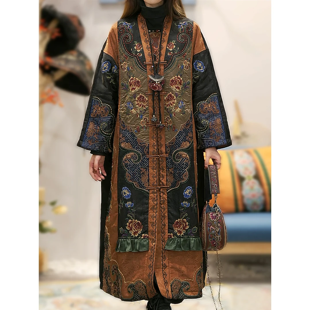 重工刺绣设计师高定款对襟新中式原创民族风提花人丝夹薄棉长棉衣