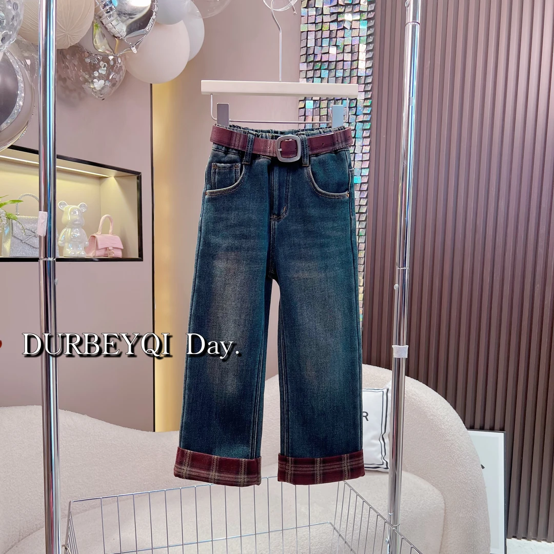 DURBEYQI/朵贝奇女童2025冬季韩版设计感加绒加厚百搭牛仔裤4922