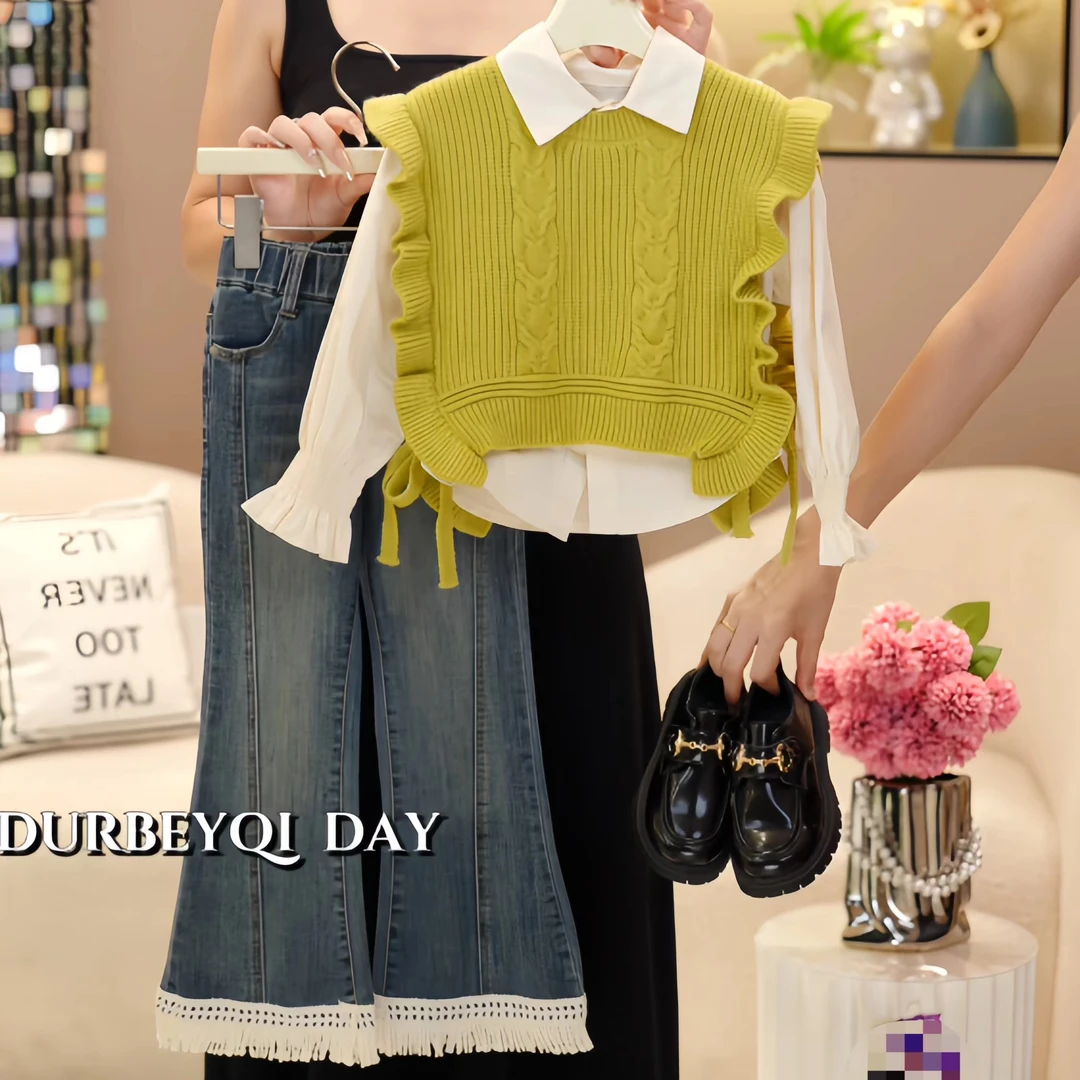 DURBEYQI/朵贝奇女童2025春款韩版针织马甲衬衫牛仔裤三件套4654