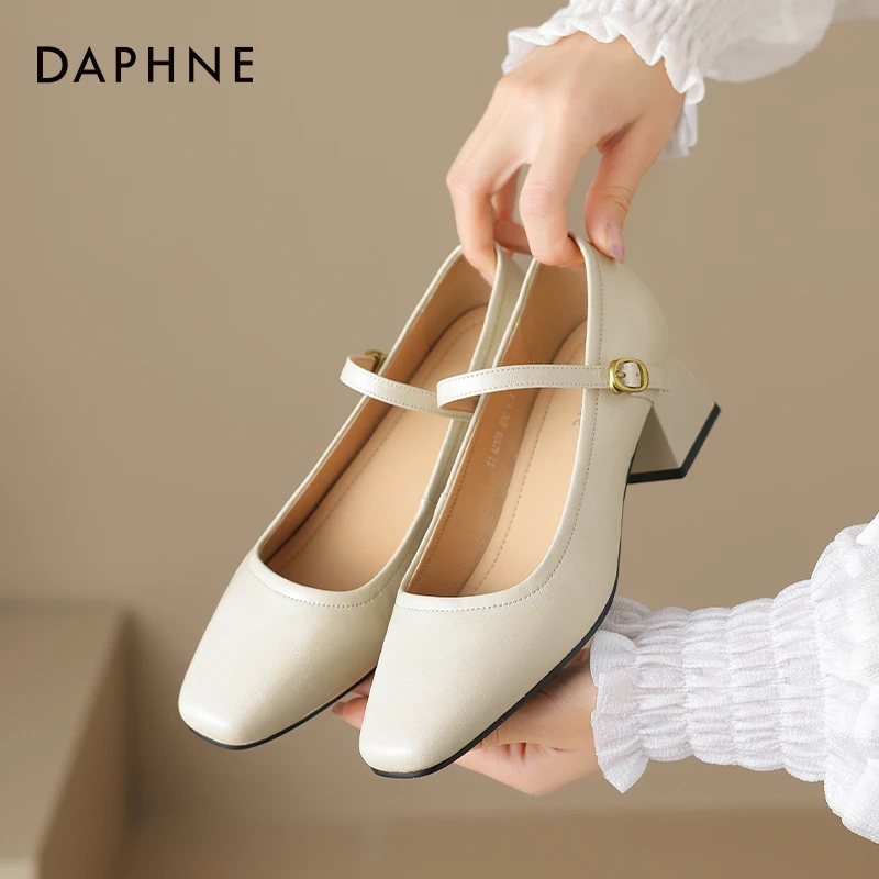 达芙妮真皮高跟鞋女2025新款粗跟单鞋凉鞋女夏季外穿玛丽珍女鞋