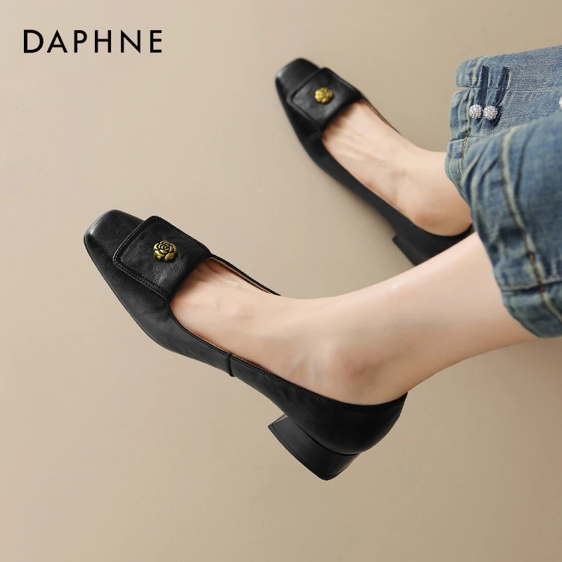达芙妮真皮单鞋女2025新款夏季中粗跟通勤工作鞋女舒适妈妈鞋子
