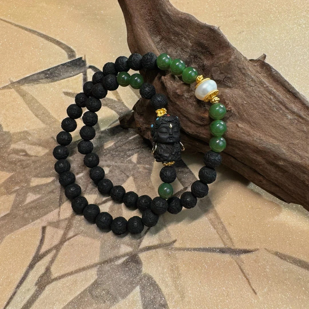 普陀 降真香度母雕刻6mm和田双圈新中式手串（多样性）