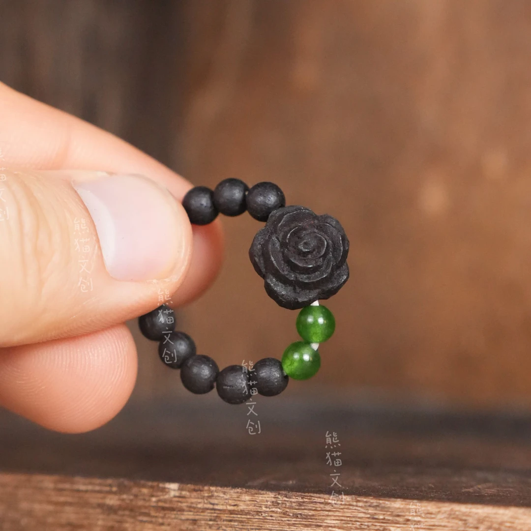 【黑色玫瑰】降真香菠菜绿单圈戒指 新中式设计款 礼盒装