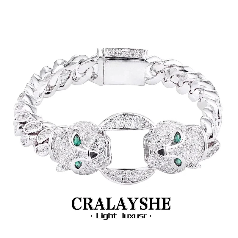 钛钢手链 满钻双头豹子古巴手链钛钢嘻哈风潮牌轻奢小众设计男士