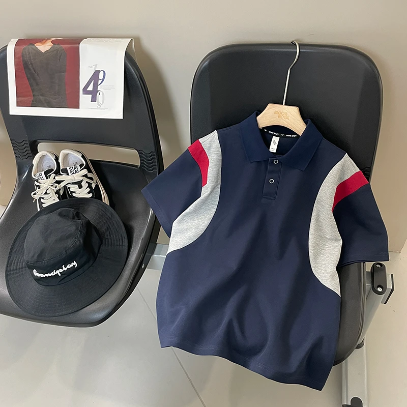 藏青拼色男童夏季休闲POLO衫复古翻领T恤儿童透气半袖潮童装上衣