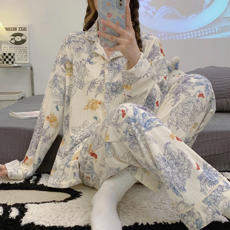 女士睡衣秋冬新款女居家服长袖提花棉质开衫韩版可外穿家居服套装